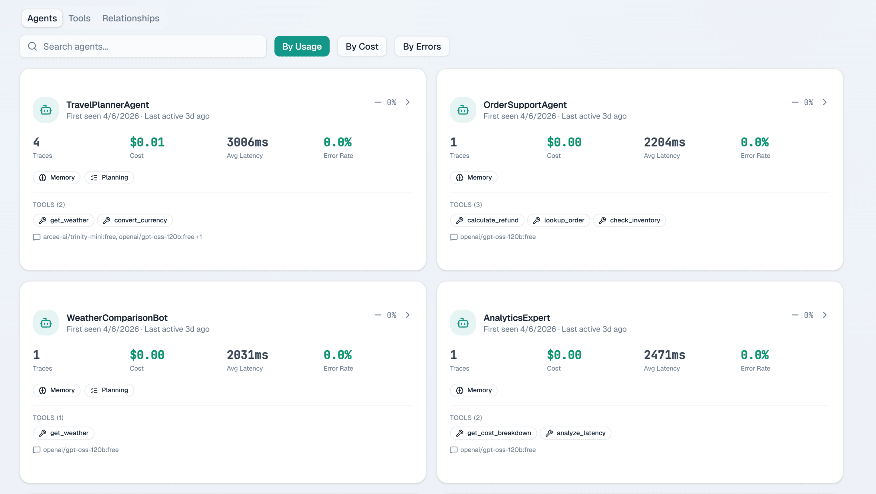 LumiqTrace agent registry showing auto-discovered agents with usage and cost stats