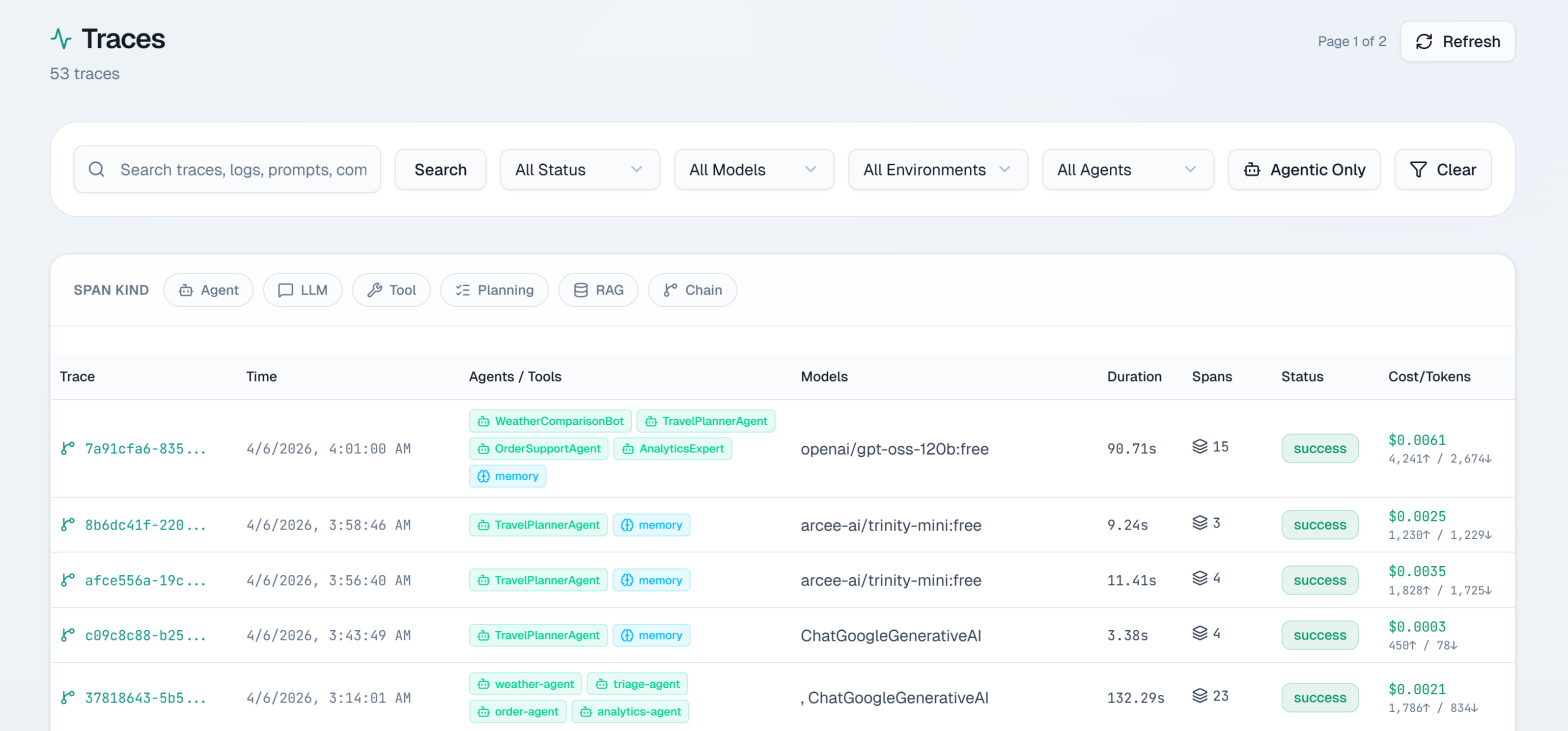 Agent-native trace list with span kind filters